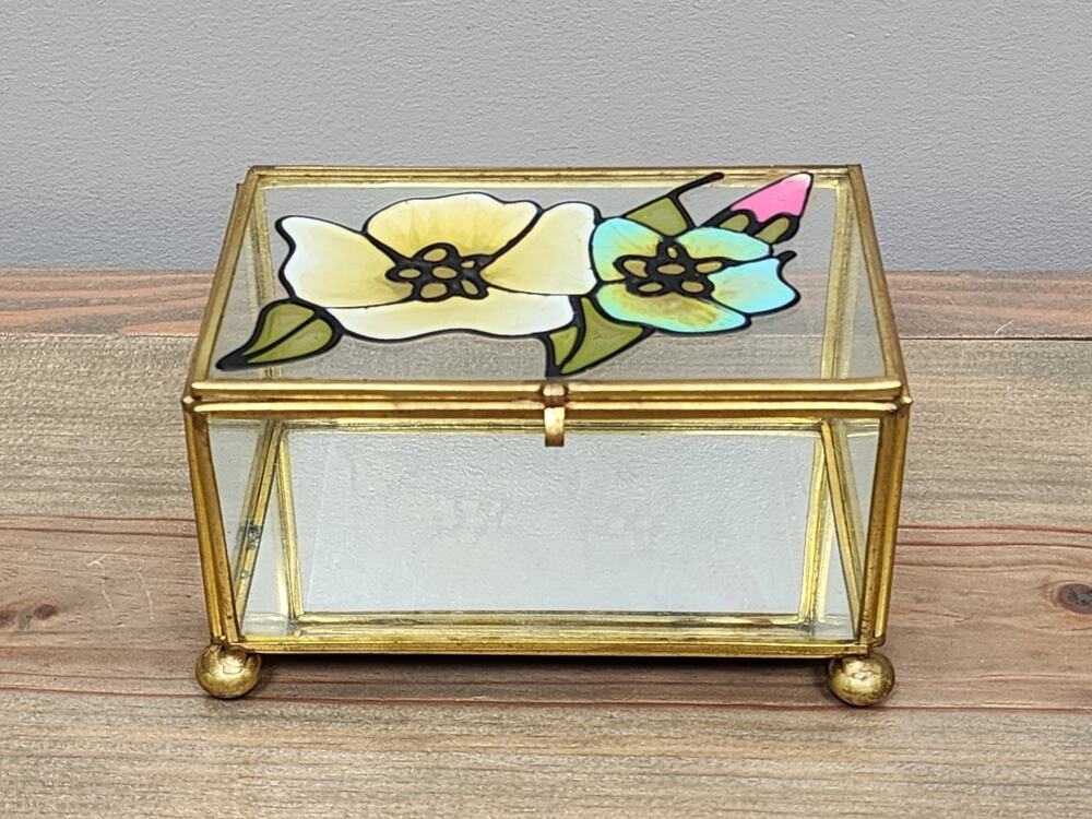 Vintage Brass & Glass Trinket Jewelry Box Etched Floral Lid Footed Display Case